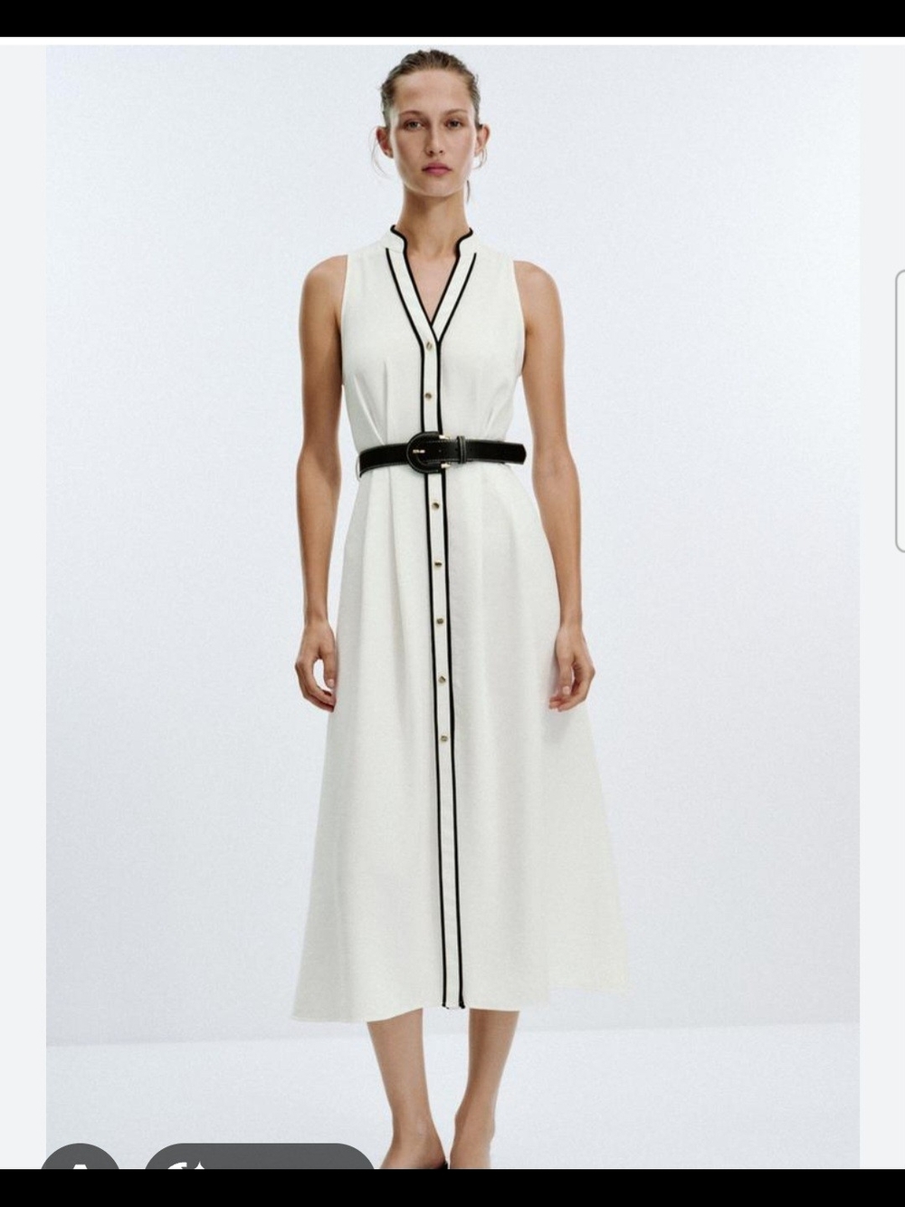 Zara White Sleeveless Button-Front Midi Dress with Black Trim